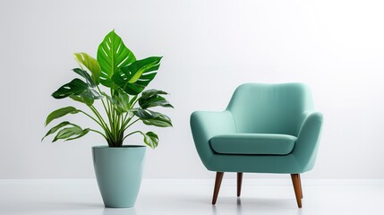 Isolated green armchair and plant on white background, , generative ai