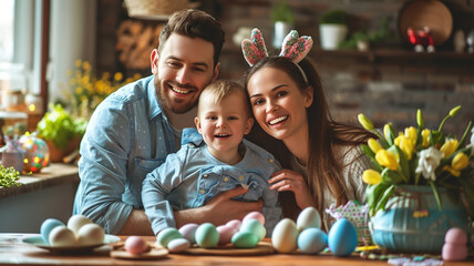 A happy family, father, mother and child are sitting at a festive table with colorful Easter eggs - obrazy, fototapety, plakaty