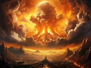Fototapeta premium Nuclear Explosion Concept. Terrorism, Nuclear war threat, asteroid collision, Nuclear blast, mushroom cloud, War and Destruction