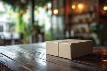 cardboard package on wooden table in a cozy cafe setting, concept of online shopping and delivery services in modern retail
