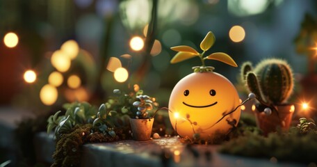 cheerful emoji-faced planter amongst lush succulents and cacti, creating a playful and cozy home gardening atmosphere with fairy lights
