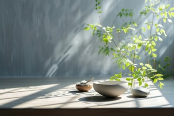 serene zen setting with natural light casting leaf shadows, a bowl and pebble for a tranquil meditation or spa atmosphere
