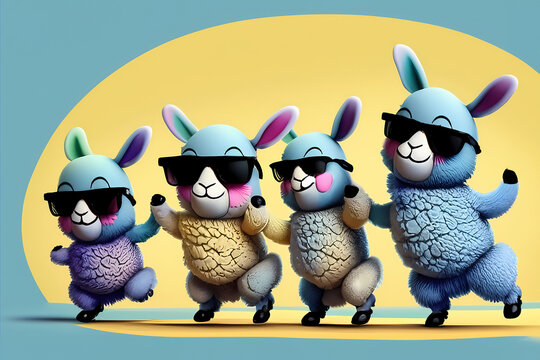 Eine Gruppe fröhlich  tanzender Schafe mit Sonnenbrillen 
