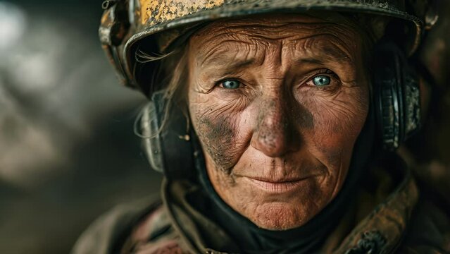 A portrait of the sandblaster with their helmet removed, revealing a determined and focused expression as they take a break from their work.