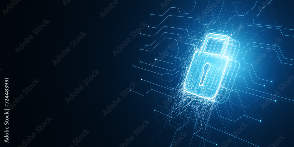Aufkleber futuristic padlock icon integrated into a glowing blue digital circuit pattern on a dark background.