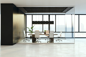 Bright wooden and concrete glass box conference room interior with city view and daylight, furniture and equipment. 3D Rendering.