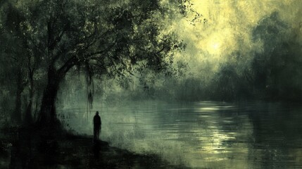 A person standing by a lake with trees in the background, AI