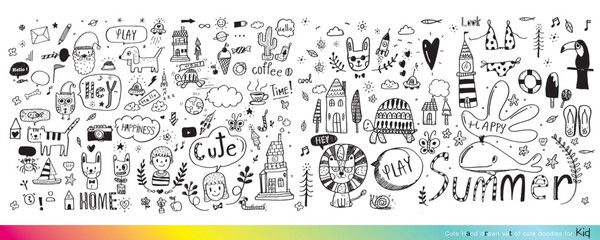 Vector illustration of Doodle cute for kid, Hand drawn set of cute doodles for decoration,Funny Doodle Hand Drawn, Summer, Doodle set of objects from a child's life,Cute animal
