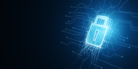 Futuristic padlock icon integrated into a glowing blue digital circuit pattern on a dark background. 3D Rendering - obrazy, fototapety, plakaty