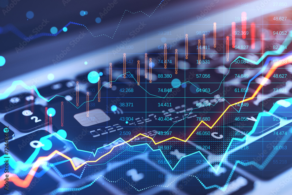Poster close up of laptop keyboard with bank card and glowing forex chart on blurry bokeh background. trade