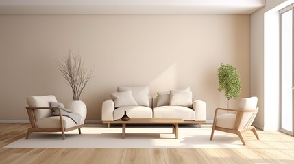 Fototapeta na wymiar Modern villa living room design interior, beige furniture, bright walls, hardwood flooring, sofa, armchair with lamp. Concept of relax. 3d rendering, generative ai