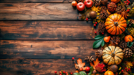 Thanksgiving theme. Autumn symbols on rustic wooden table.