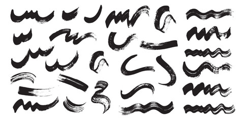 Set of black paint, ink brush strokes, lines. Curls, waves, abstract freehand forms. Art brushes.
