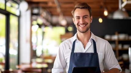 Fototapeta na wymiar smiling young man standing in a restaurant, holding a tablet