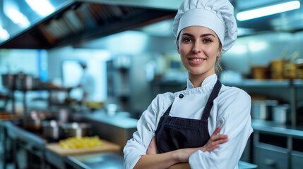 smiling woman dressed in a chef's uniform with a white hat and apron stands confidently in a professional kitchen