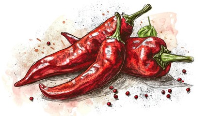 Vintage pepper chili hatching color illustration on white background