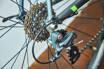 Fototapeta na wymiar Sports road bike, close-up of parts and equipment.