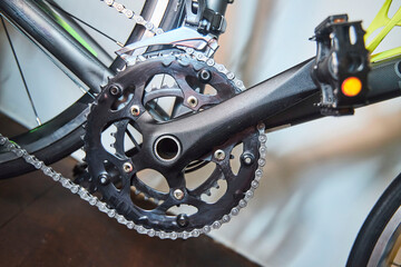 Sports road bike, close-up of parts and equipment.