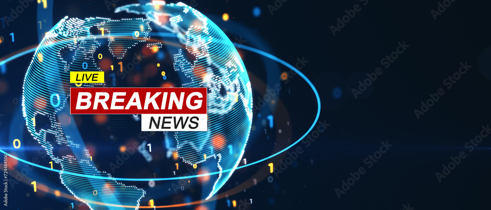 Aufkleber live breaking news title on digital globe background, wide format media template. 3d rendering