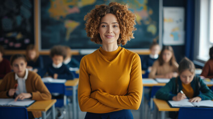confident and smiling young female teacher is standing in a classroom