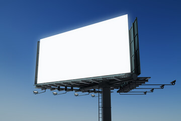 Close up of blank white mock up billboard on blue sky background. Commercial and ad concept. 3D Rendering.