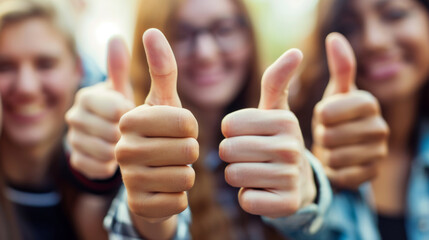 Group of people giving a thumbs-up to the camera, with the focus on the hands in the foreground and their smiling faces slightly blurred in the background.