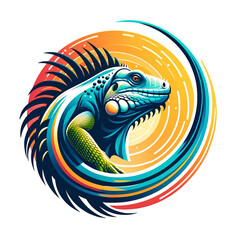 Colorful Iguana Centered in a Tropical Abstract Circle, Illustration of Vibrant Wildlife Art in Modern Style