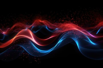 Dynamic abstract Blue and red waves, bright particles over black background. Sound and music visualization - obrazy, fototapety, plakaty