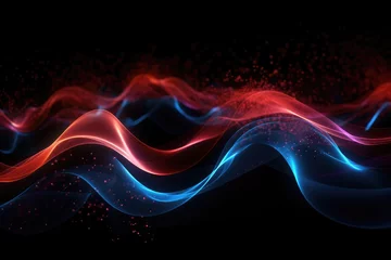 Gardinen Dynamic abstract Blue and red waves, bright particles over black background. Sound and music visualization © m