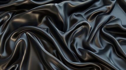 Luxury Black Silk Fabric Texture. Satin Background. Elegantly Draped To Create Smooth Waves That Play With Light And Shadow