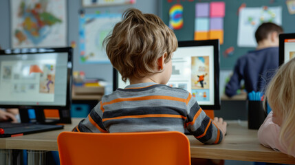 child from behind, focused on a computer screen during a computer class in a school setting - obrazy, fototapety, plakaty