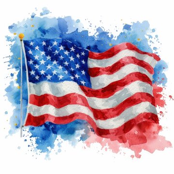 Hand Drawing Watercolor American Flag On White Background, Illustrations Images