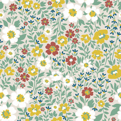 Yellow, white and brown seamless vector stock small flowers with a pattern of gently green leaves on a light background.