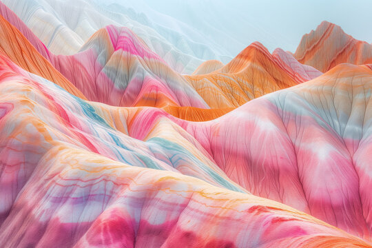 Surreal colorful landscape inspired by Zhangye Danxia mountains. Background image. Created with Generative AI technology