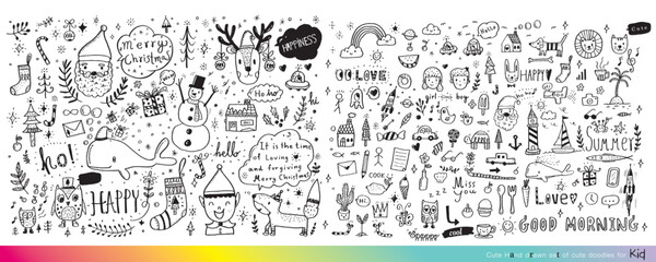 Vector illustration of Doodle cute for kid, Hand drawn set of cute doodles for decoration,Funny Doodle Hand Drawn, Summer, Doodle set of objects from a child's life,Cute animal - obrazy, fototapety, plakaty