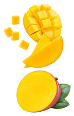 Mango isolated on white background. Mango fruit clipping path. Mango slice macro studio photo