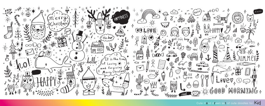 Vector illustration of Doodle cute for kid, Hand drawn set of cute doodles for decoration,Funny Doodle Hand Drawn, Summer, Doodle set of objects from a child's life,Cute animal