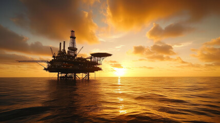 Oil rig in the middle of the ocean beautiful evening golden hour light