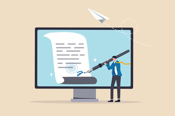 Digital signature or electronic agreement contact, online document signing, internet transaction identity, certified handwriting application concept, businessman signing digital signature on computer.