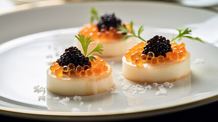 Food, hospitality and room service, starter appetisers with caviar as exquisite cuisine in hotel restaurant a la carte menu, culinary art and fine dining