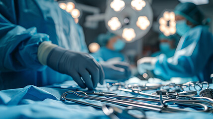 surgical scene with a focus on a surgeon's gloved hands selecting a surgical instrument from a sterile table