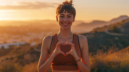 young woman is making a heart shape with her hands, smiling towards the camera with a beautiful sunset in the background - obrazy, fototapety, plakaty
