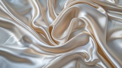 Luxury Broken White Silk Fabric Texture. Satin Background. Elegantly Draped To Create Smooth Waves That Play With Light And Shadow