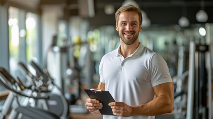 young man in a well-lit gym holding a clipboard and pen, smiling at the camera