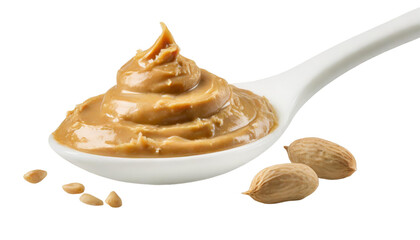 Peanut butter in a spoon. Isolated on transparent background.