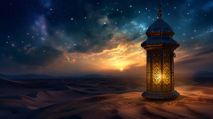 minimalist ramadan greeting card template with arabic lamp on desert