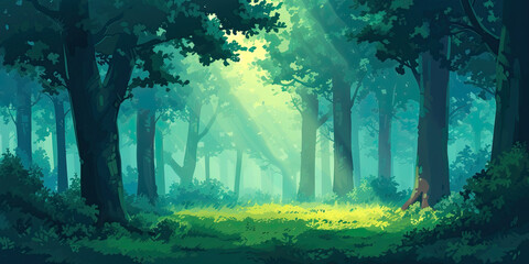 Obraz na płótnie Canvas anime cartoon style woodland forest background banner, beautiful woods, generated ai 