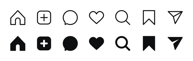 Social Media Icon Set - Home, Like, Add Post, Search, Comment, Share, Save Symbols - obrazy, fototapety, plakaty