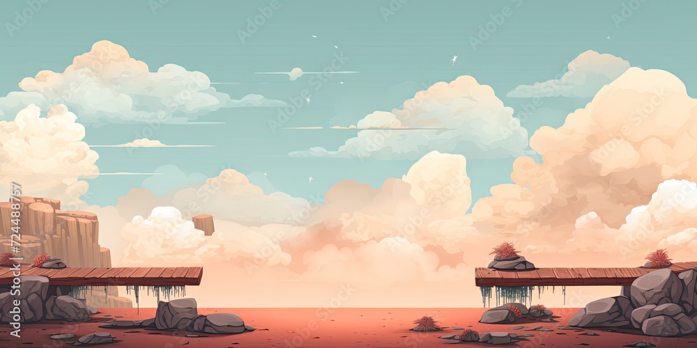 Wall mural vintage retro video game level design background, old school graphics, scrolling platform, generated