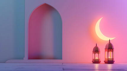 minimalist arabic arch with crescent and ramadan lamp, ramadan greeting card